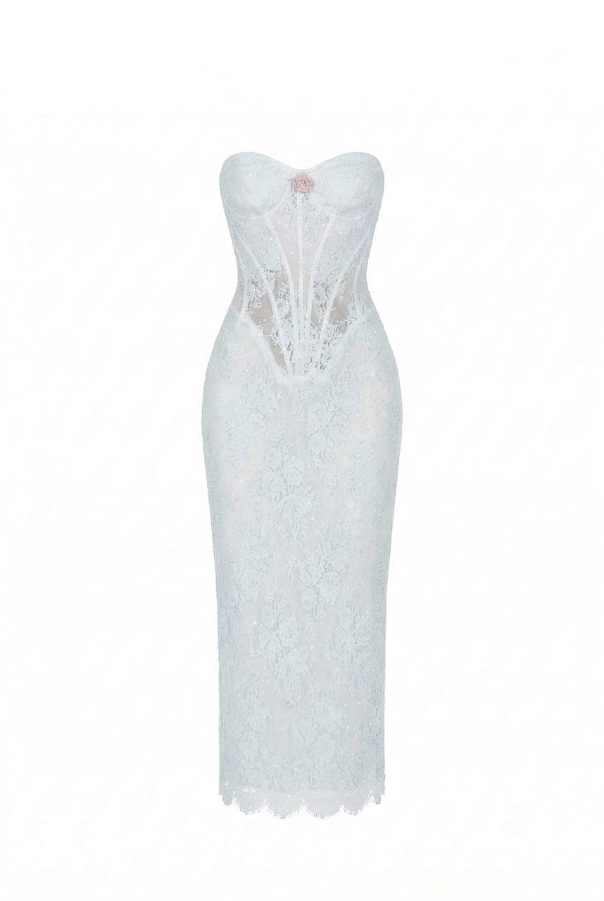 Light Blue Bead Embroidery Lace Corset Midi Dress