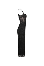 Straight-Neck Scalloped-Lace-Hem Back-Slit Party Dress