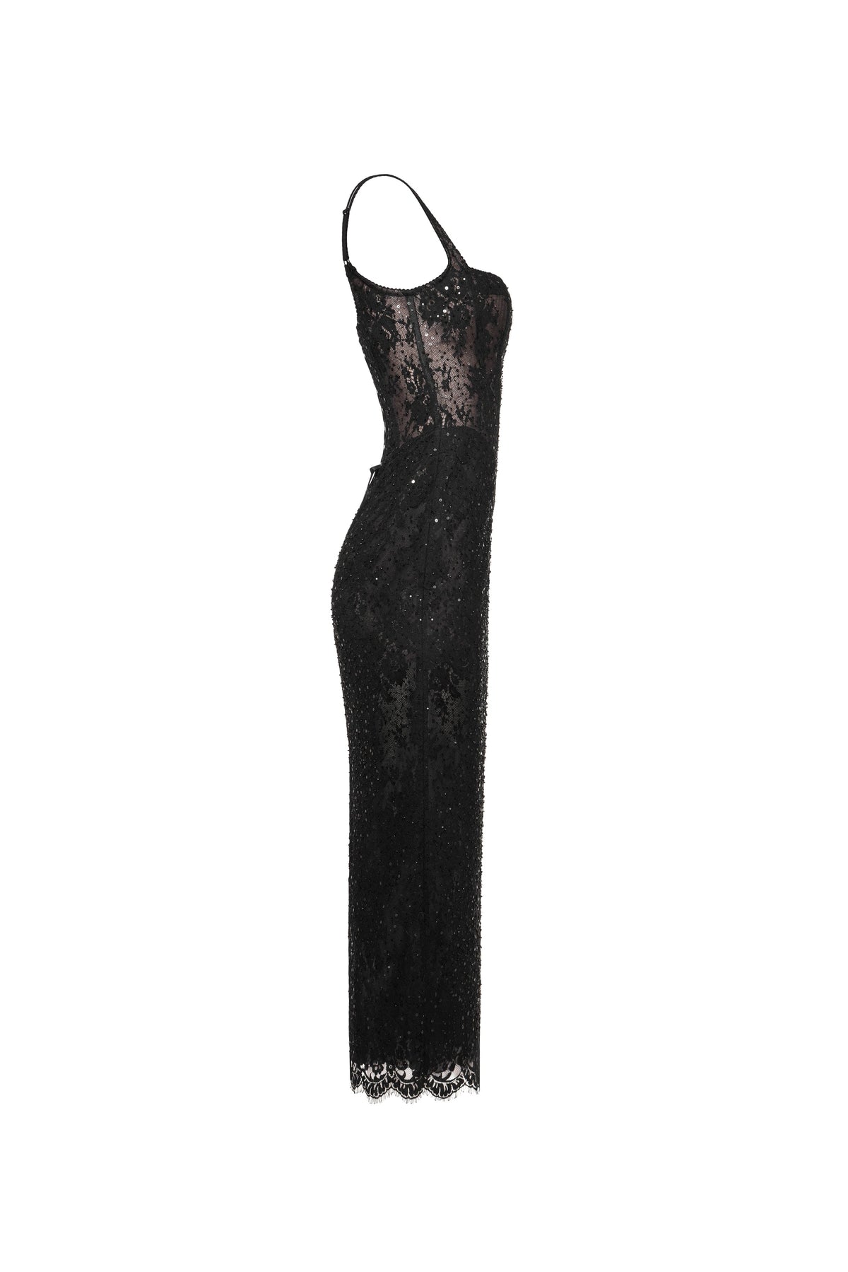 Straight-Neck Scalloped-Lace-Hem Back-Slit Party Dress
