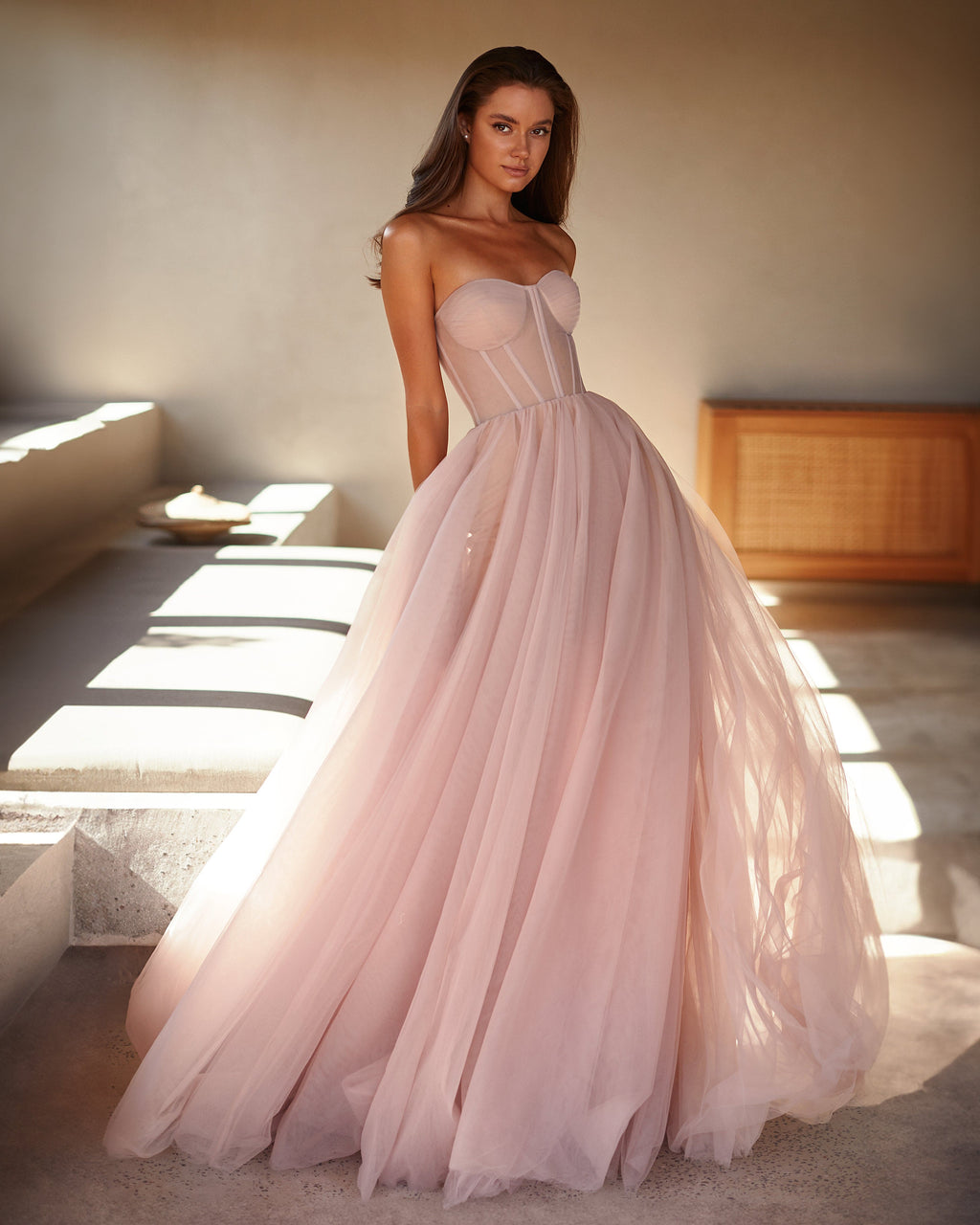 Misty-Rose Strapless Tulle Floor-Length Maxi Dress