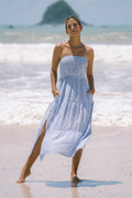Blue Stripe Strapless Midi Dress