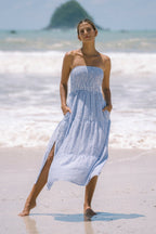 Blue Stripe Strapless Midi Dress