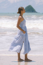 Blue Stripe Strapless Midi Dress