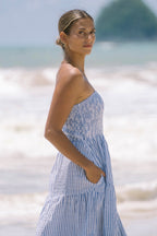 Blue Stripe Strapless Midi Dress