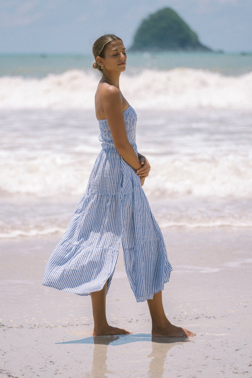 Blue Stripe Strapless Midi Dress