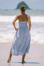 Blue Stripe Strapless Midi Dress