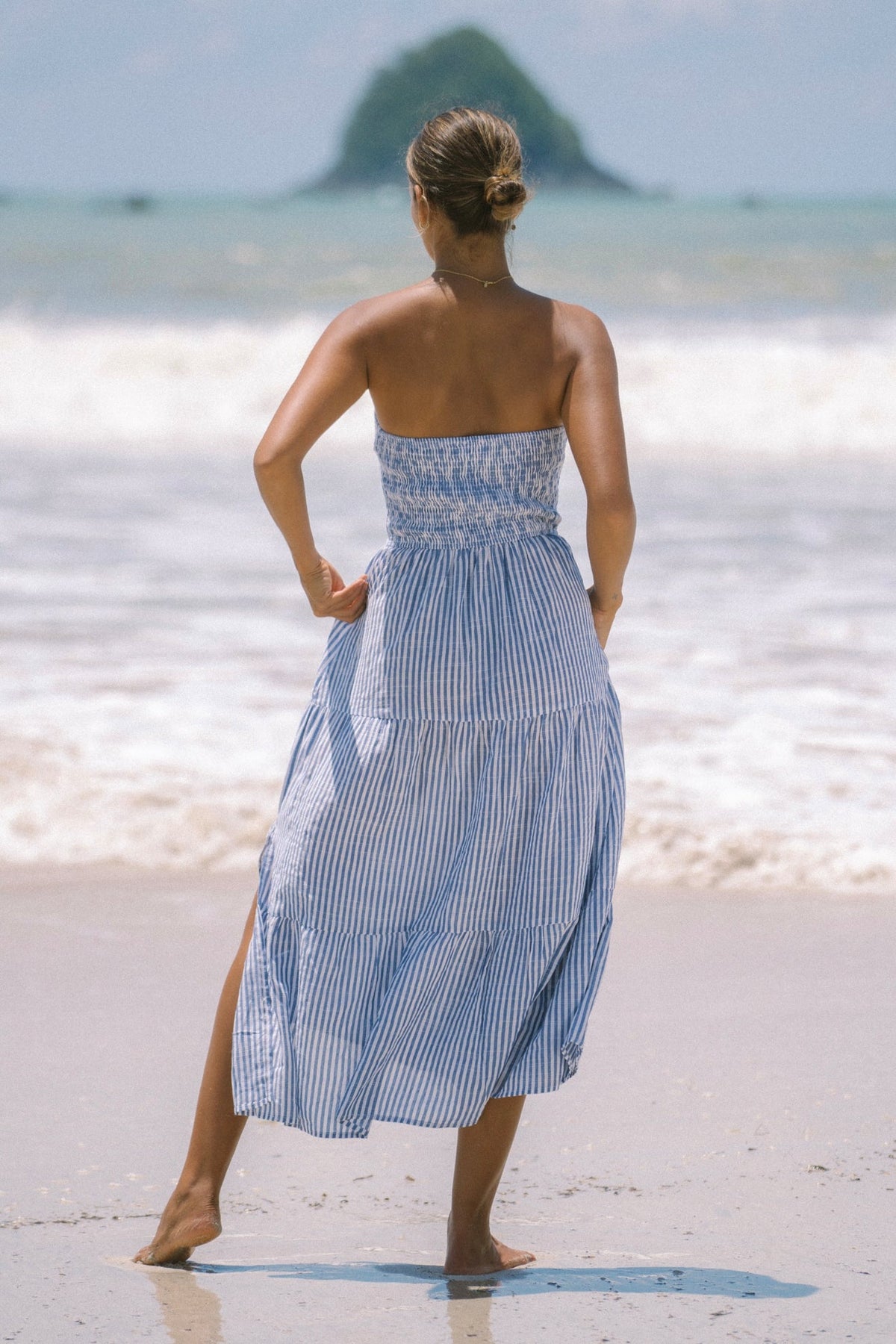 Blue Stripe Strapless Midi Dress