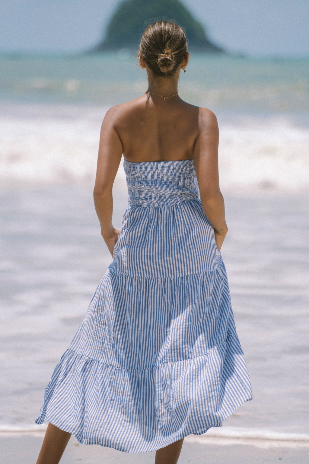 Blue Stripe Strapless Midi Dress