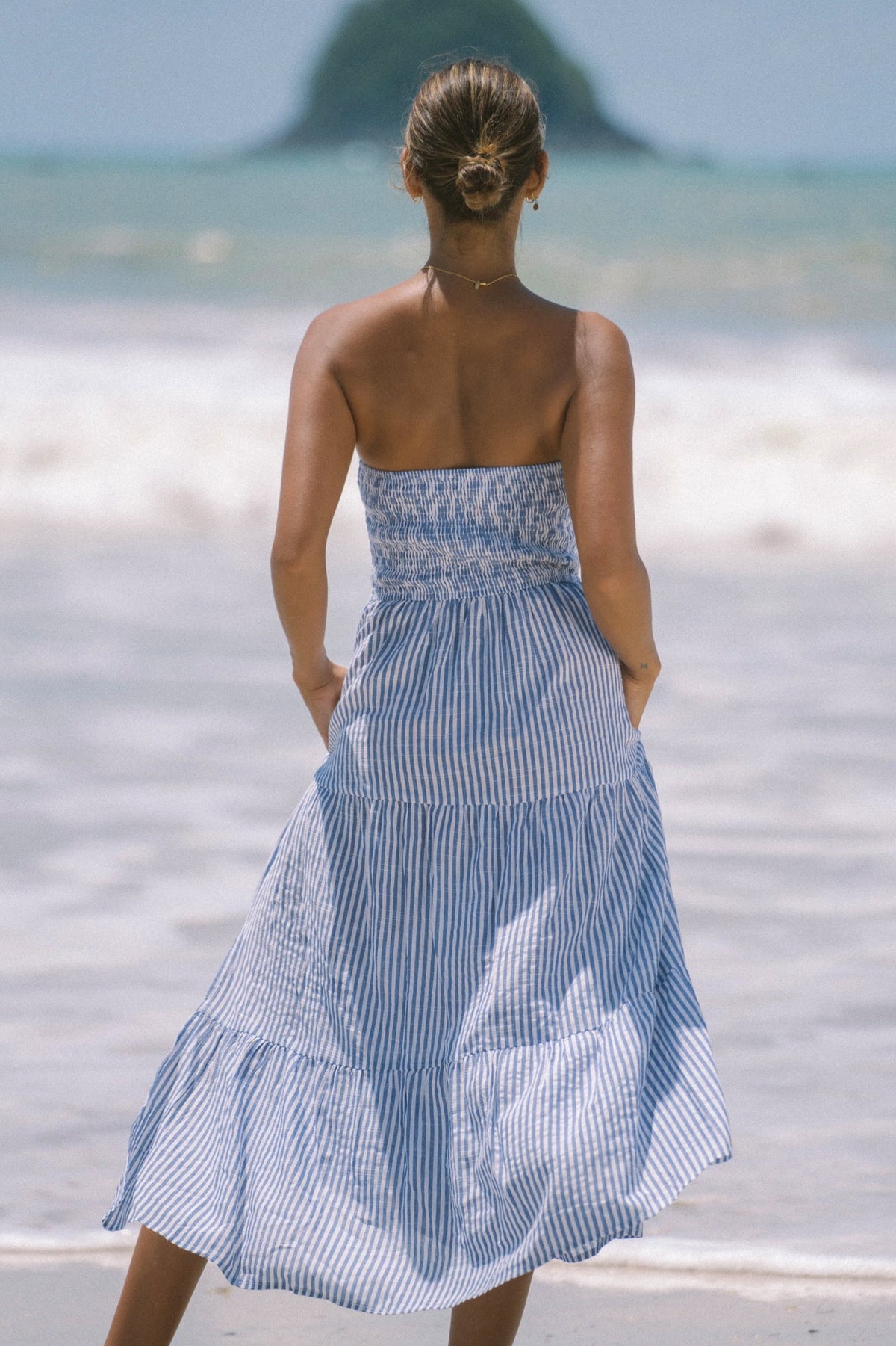 Blue Stripe Strapless Midi Dress