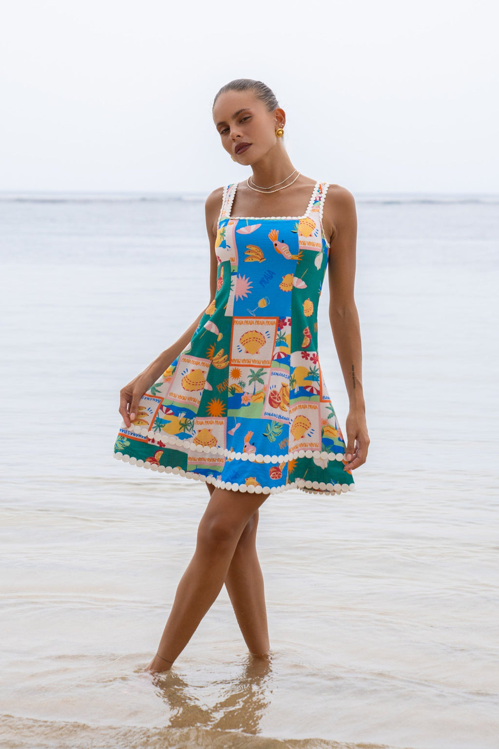 Multicolour Tropical Lace Detail Mini Dress