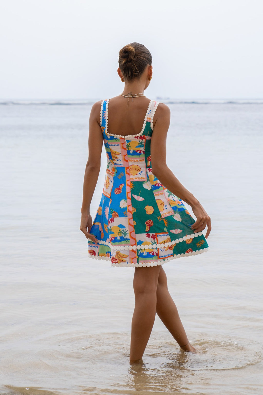 Multicolour Tropical Lace Detail Mini Dress