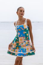 Multicolour Tropical Lace Detail Mini Dress
