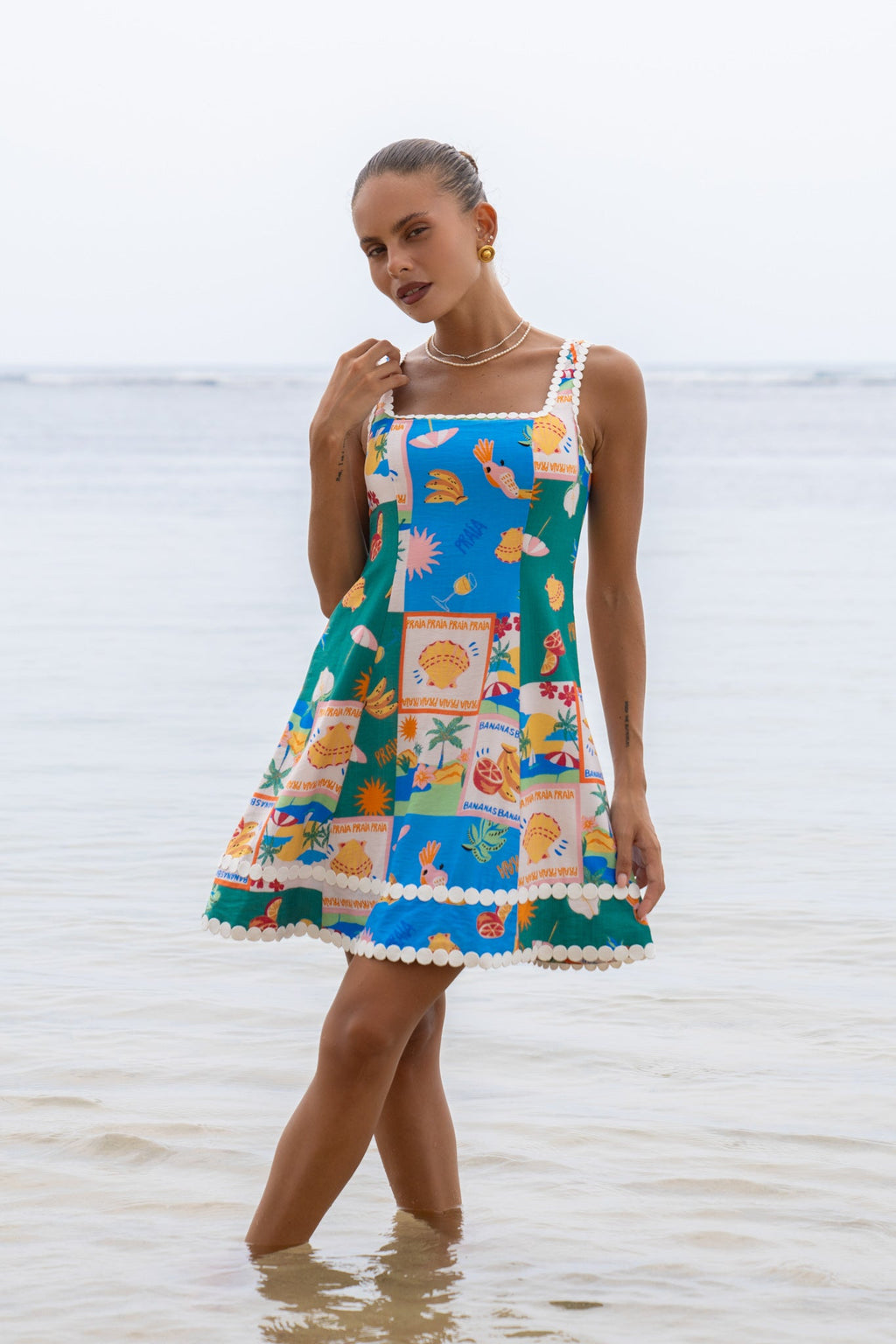 Multicolour Tropical Lace Detail Mini Dress