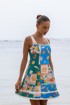 Multicolour Tropical Lace Detail Mini Dress