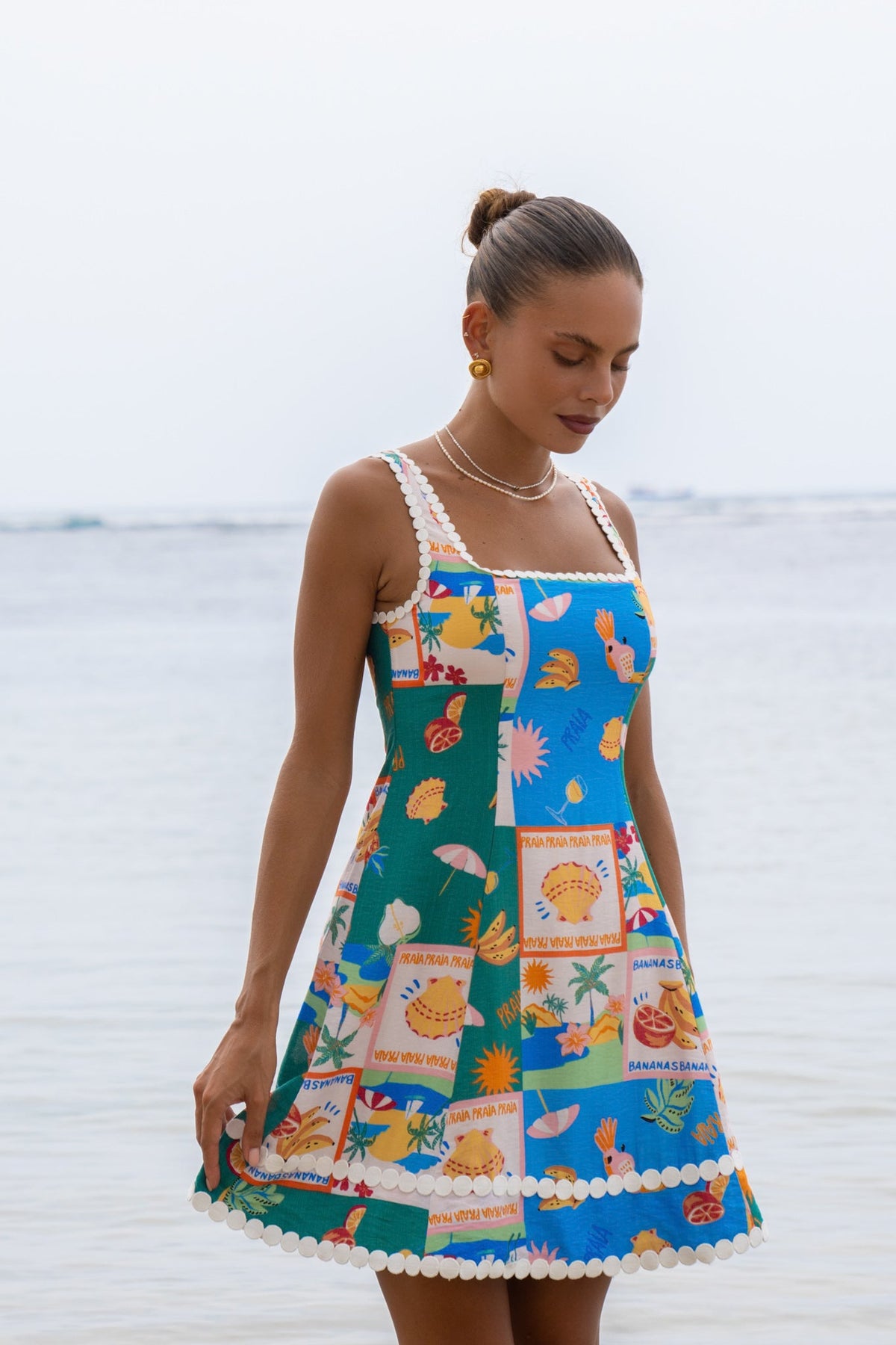 Multicolour Tropical Lace Detail Mini Dress