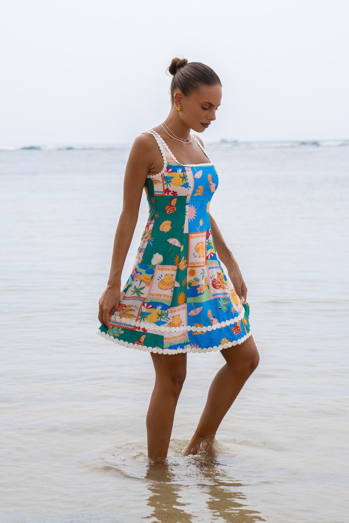 Multicolour Tropical Lace Detail Mini Dress