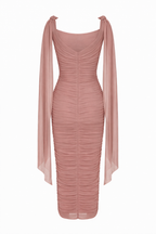 Tea Rose Smoky Mesh V Neck Midi Dress