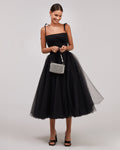 Black Tulle Draped-Corset A-Line Midi Dress