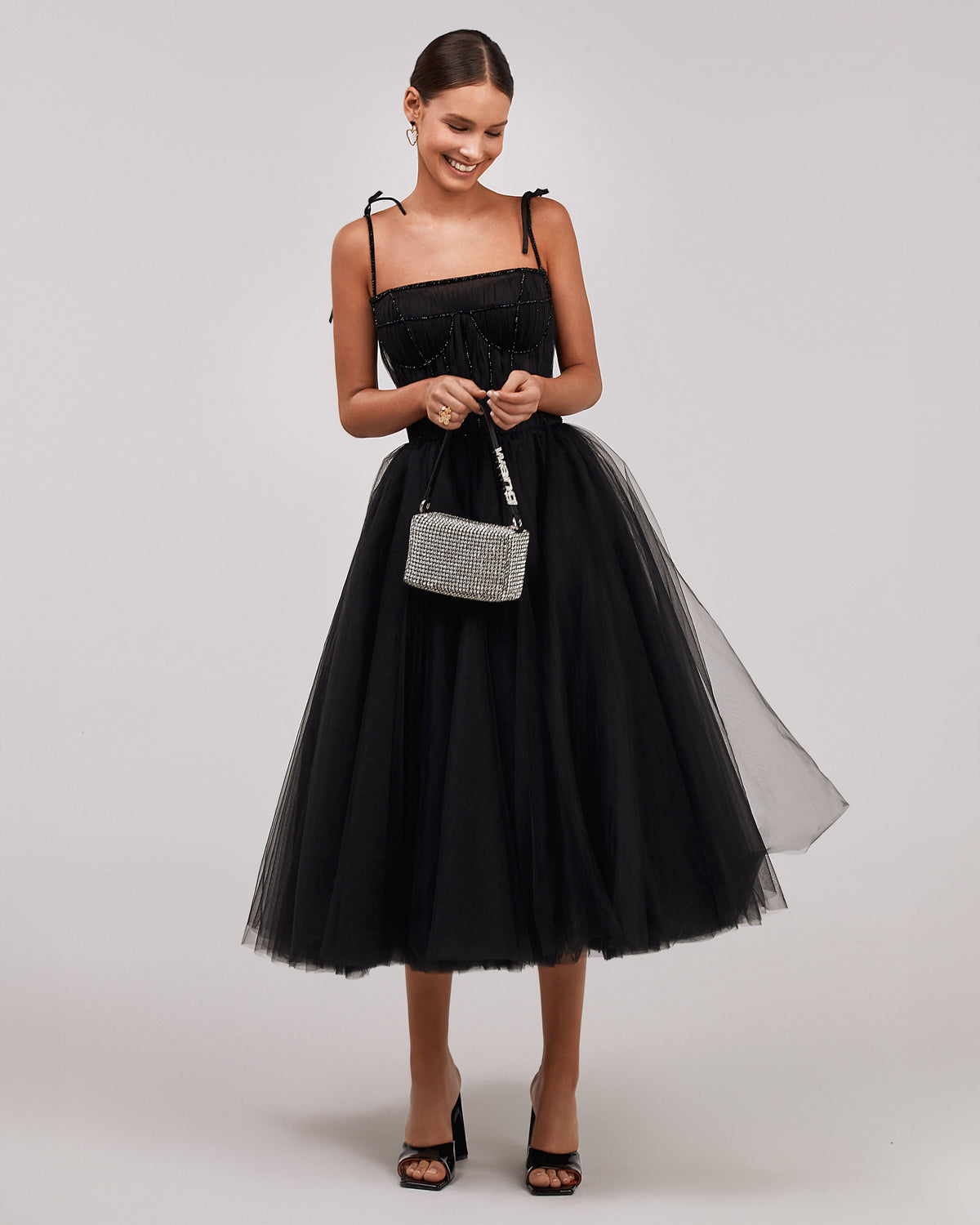 Black Tulle Draped-Corset A-Line Midi Dress