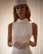 White-Satin Mock-Neck Decorative-Collar Midi Dress