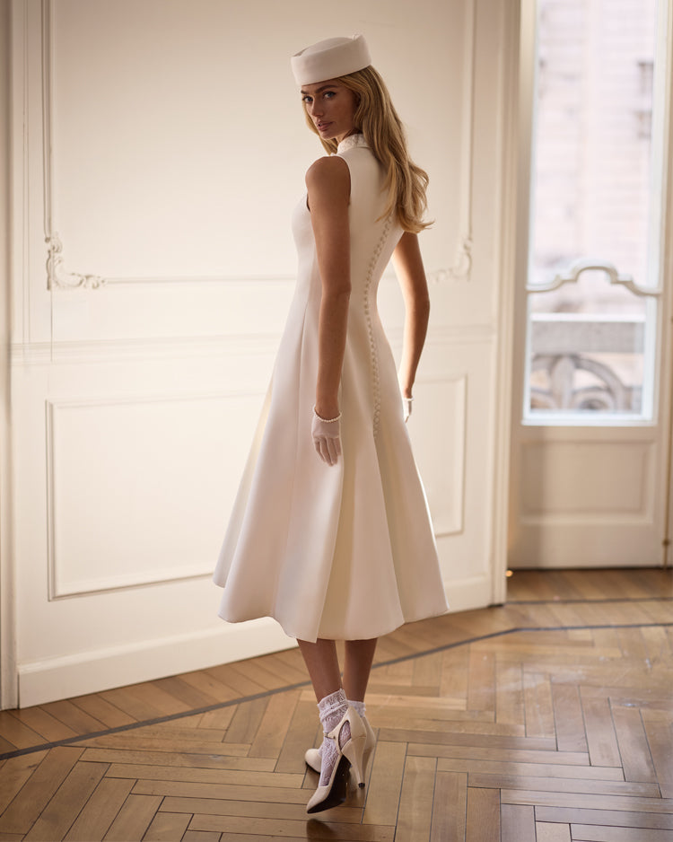 White-Satin Mock-Neck Decorative-Collar Midi Dress