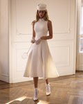 White-Satin Mock-Neck Decorative-Collar Midi Dress