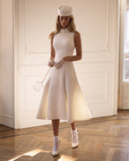 White-Satin Mock-Neck Decorative-Collar Midi Dress