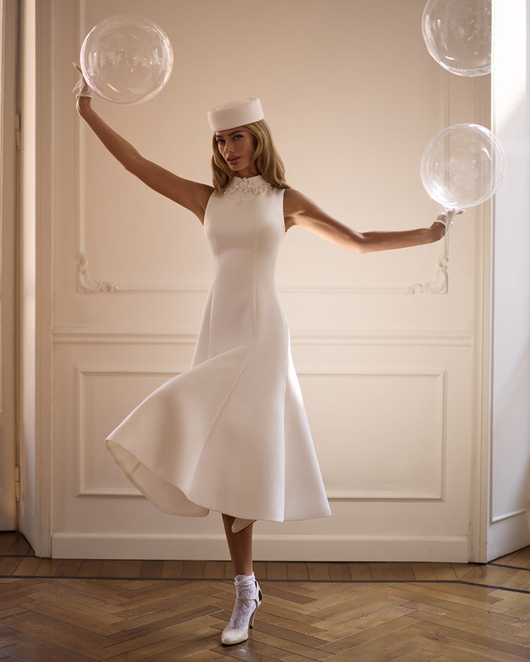 White-Satin Mock-Neck Decorative-Collar Midi Dress