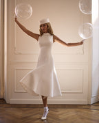 White-Satin Mock-Neck Decorative-Collar Midi Dress