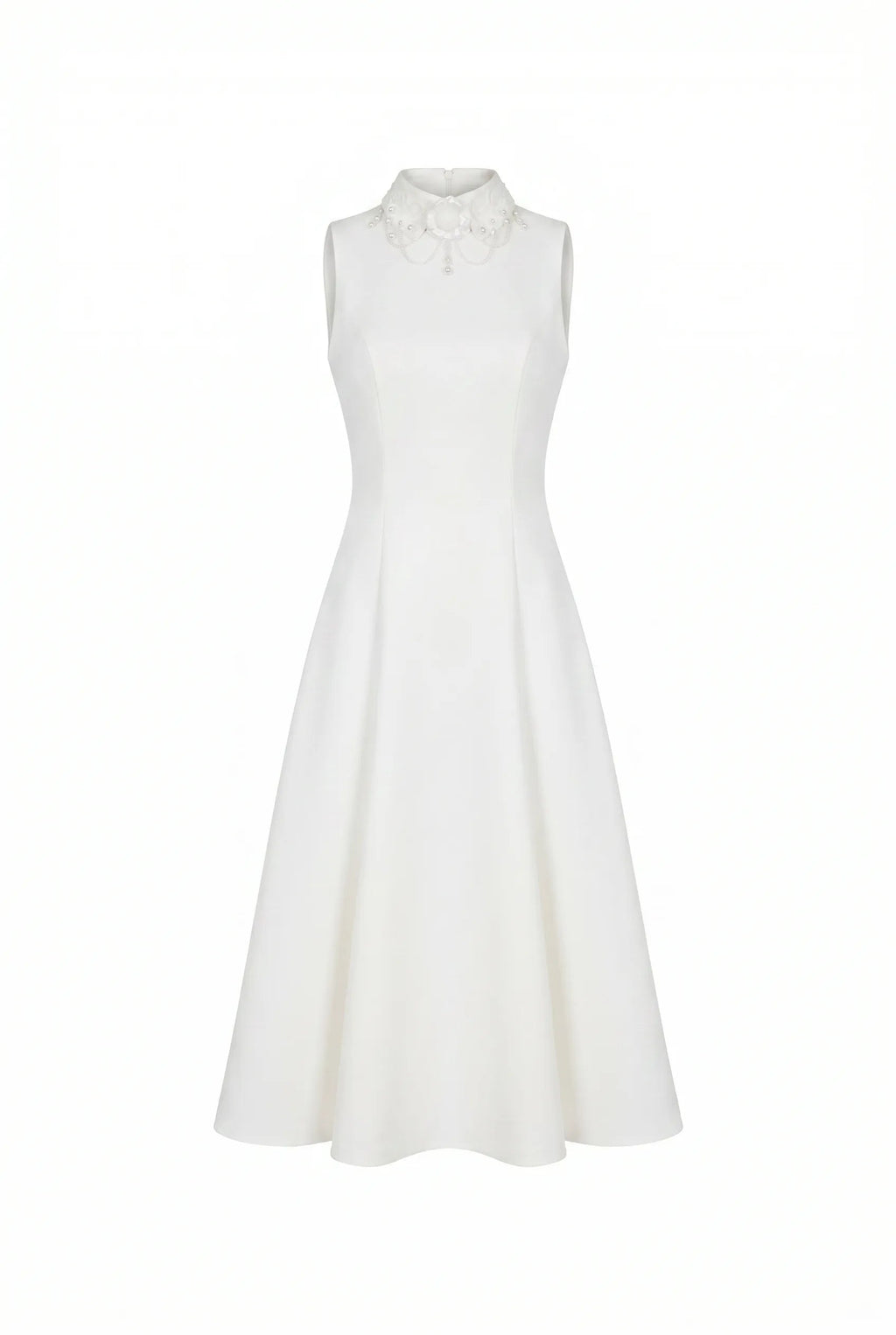 White-Satin Mock-Neck Decorative-Collar Midi Dress