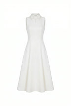 White-Satin Mock-Neck Decorative-Collar Midi Dress
