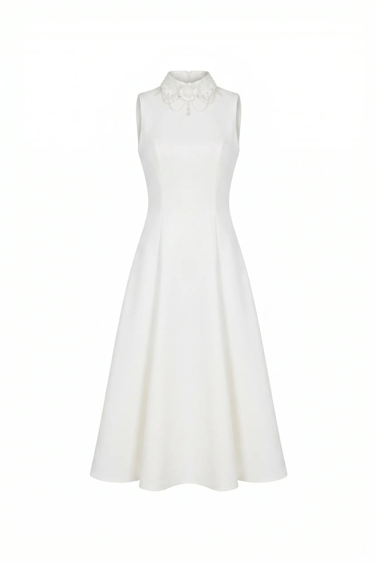 White-Satin Mock-Neck Decorative-Collar Midi Dress