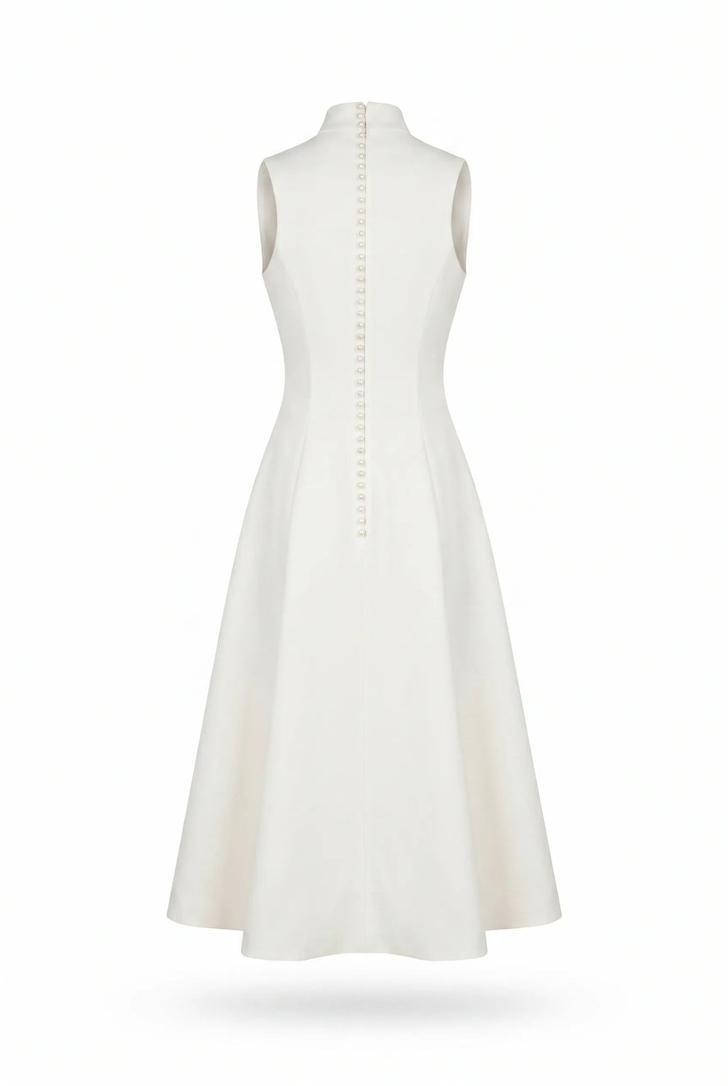White-Satin Mock-Neck Decorative-Collar Midi Dress