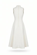 White-Satin Mock-Neck Decorative-Collar Midi Dress