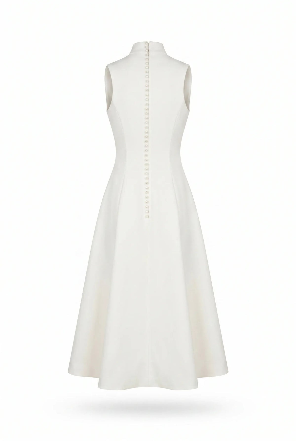 White-Satin Mock-Neck Decorative-Collar Midi Dress