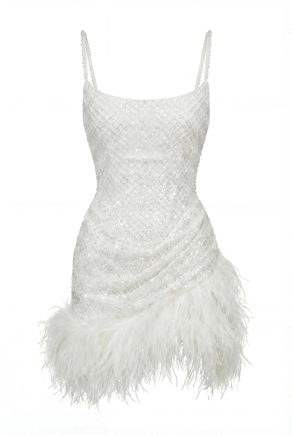 Ivory Pearl-Feather Lace Mini Dress