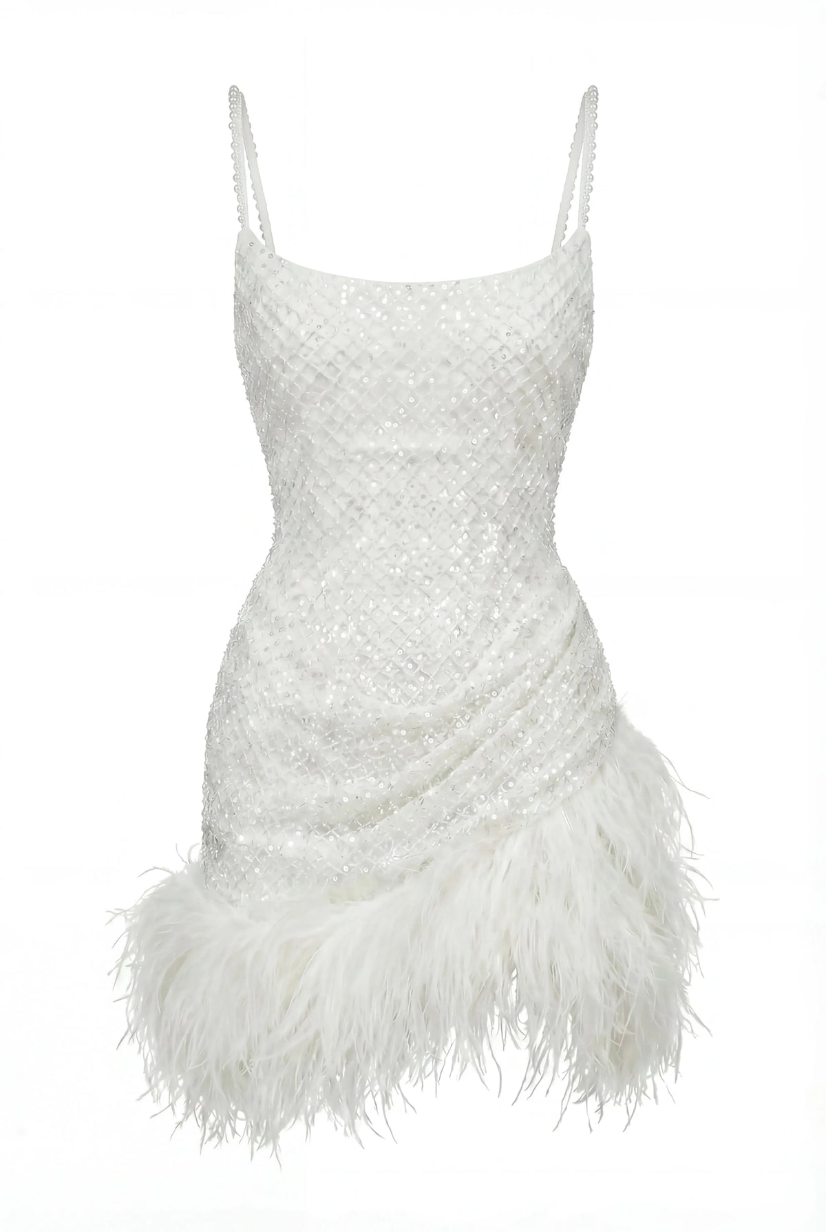 Ivory Pearl-Feather Lace Mini Dress