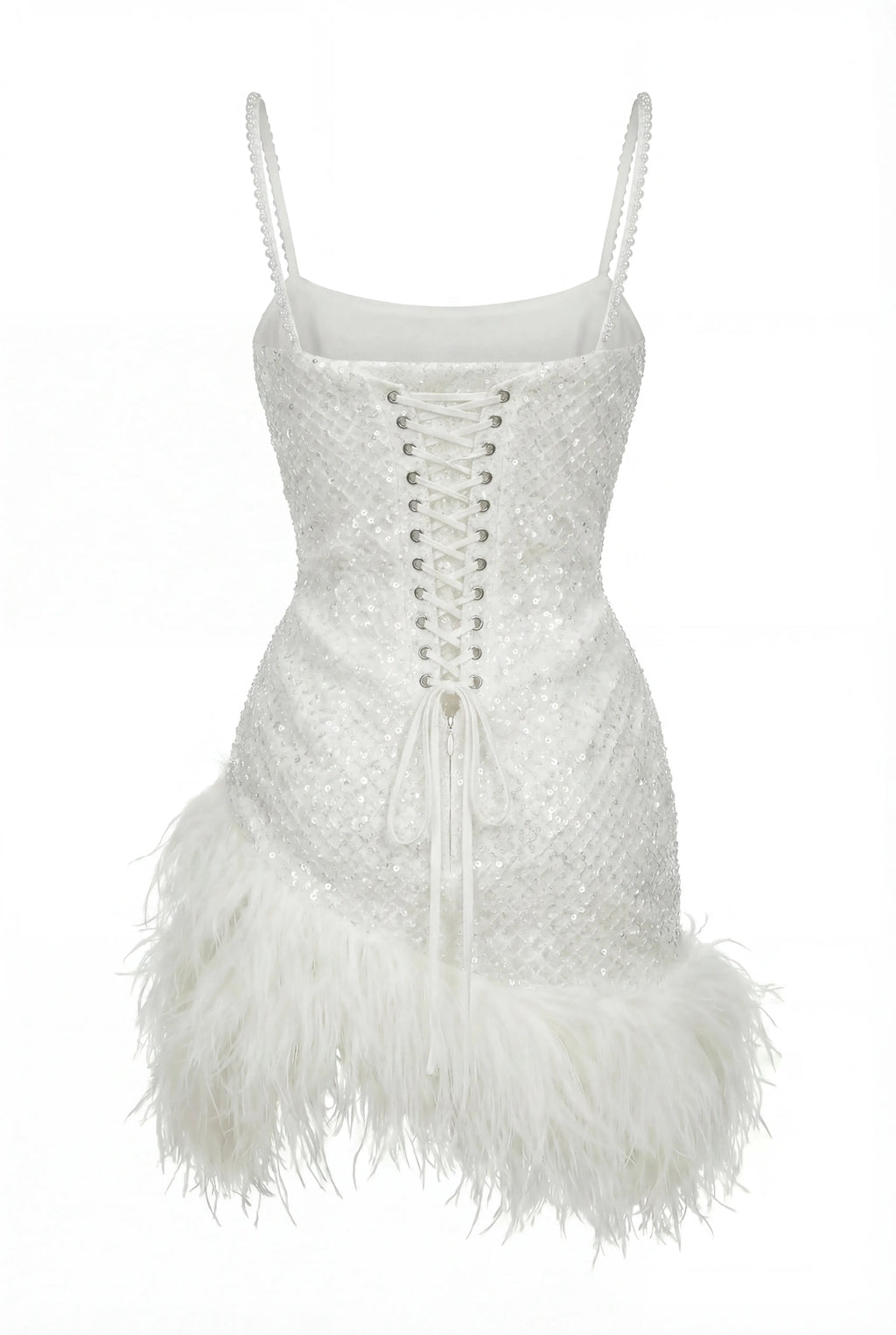 Ivory Pearl-Feather Lace Mini Dress