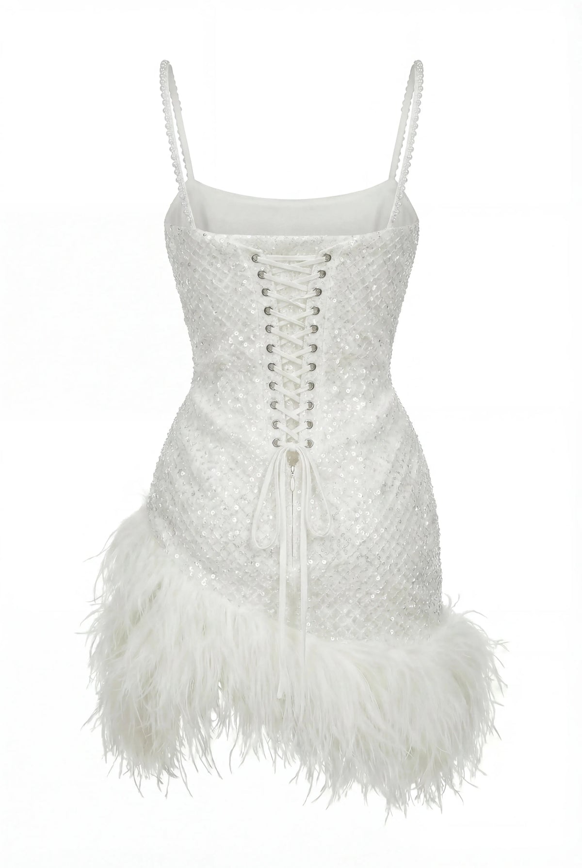 Ivory Pearl-Feather Lace Mini Dress