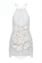 Off-Shoulder Hand-Beaded Fringe Ivory Mini Dress