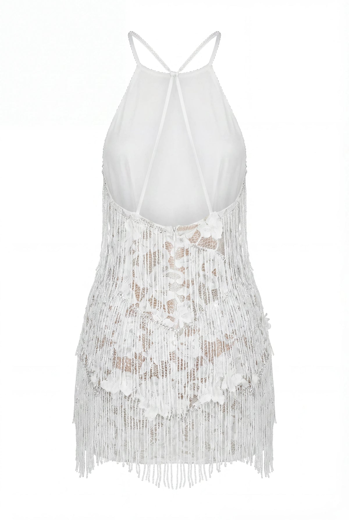 Off-Shoulder Hand-Beaded Fringe Ivory Mini Dress