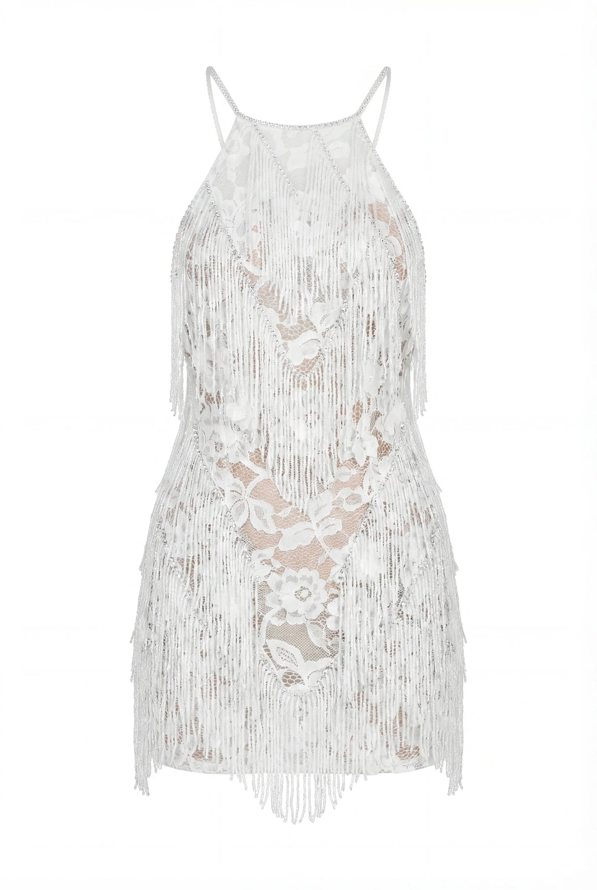 Off-Shoulder Hand-Beaded Fringe Ivory Mini Dress