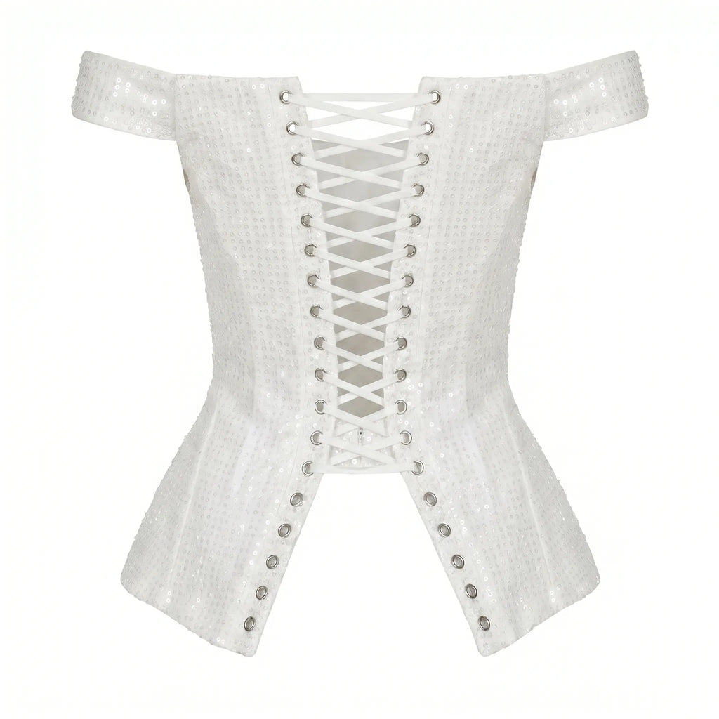 Wide-Strap Off-Shoulder Ivory Sequin Corset