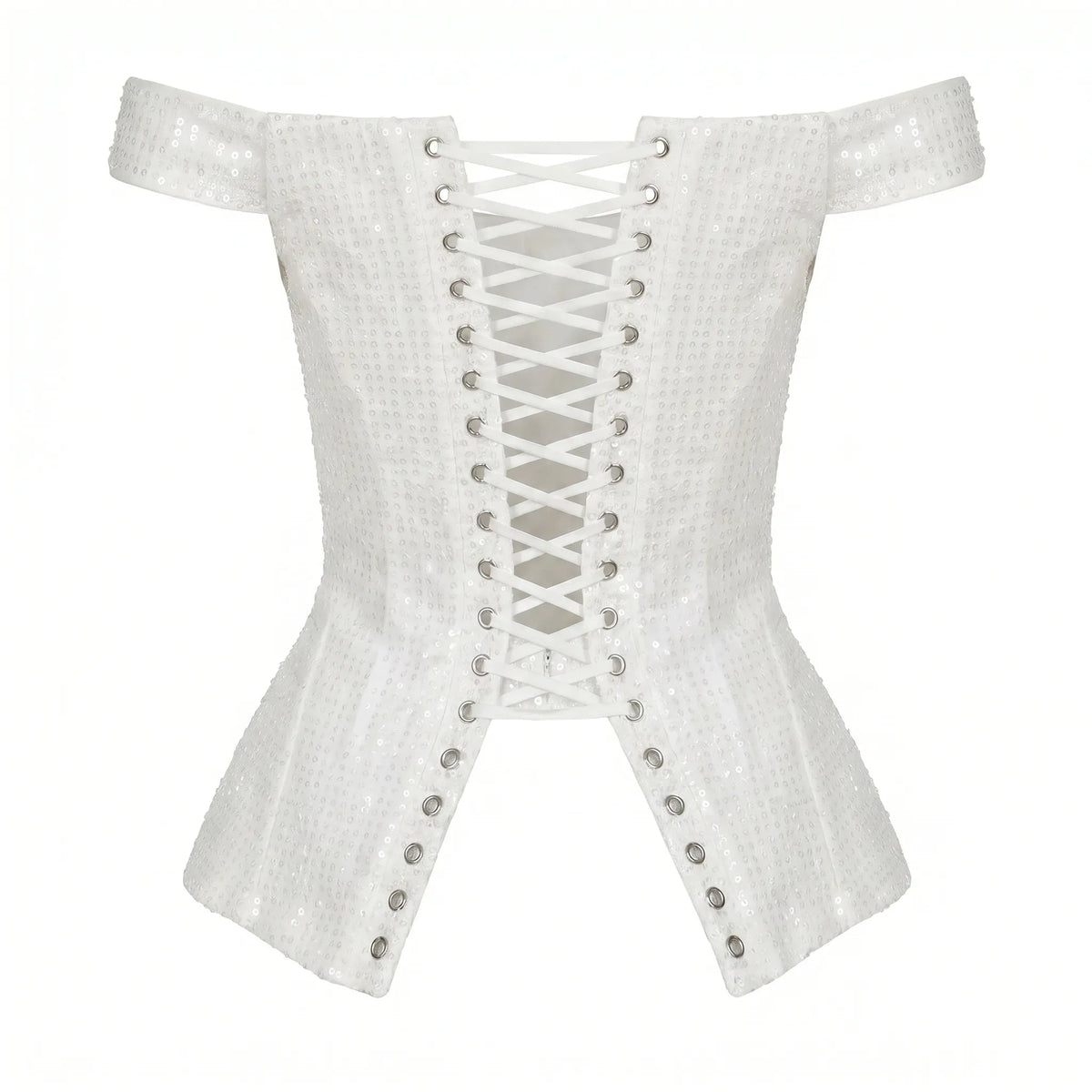Wide-Strap Off-Shoulder Ivory Sequin Corset