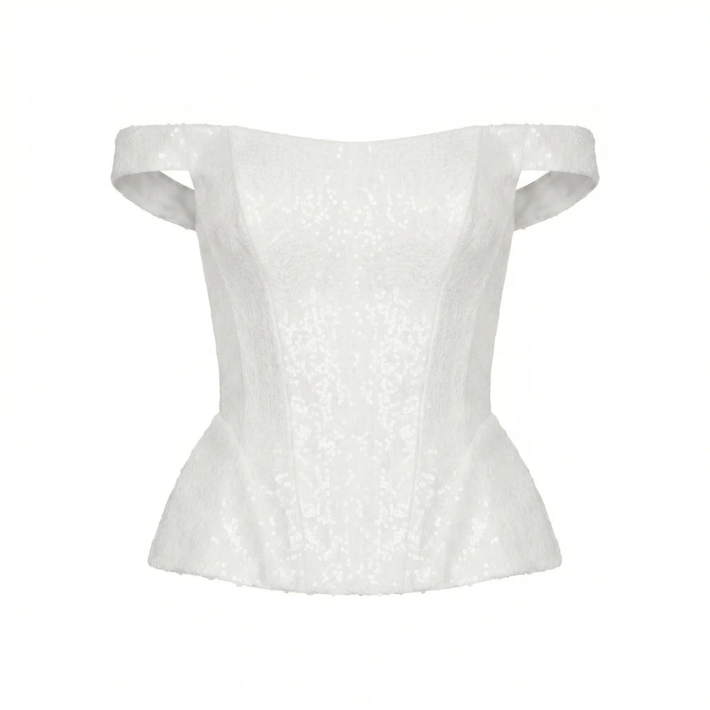 Wide-Strap Off-Shoulder Ivory Sequin Corset