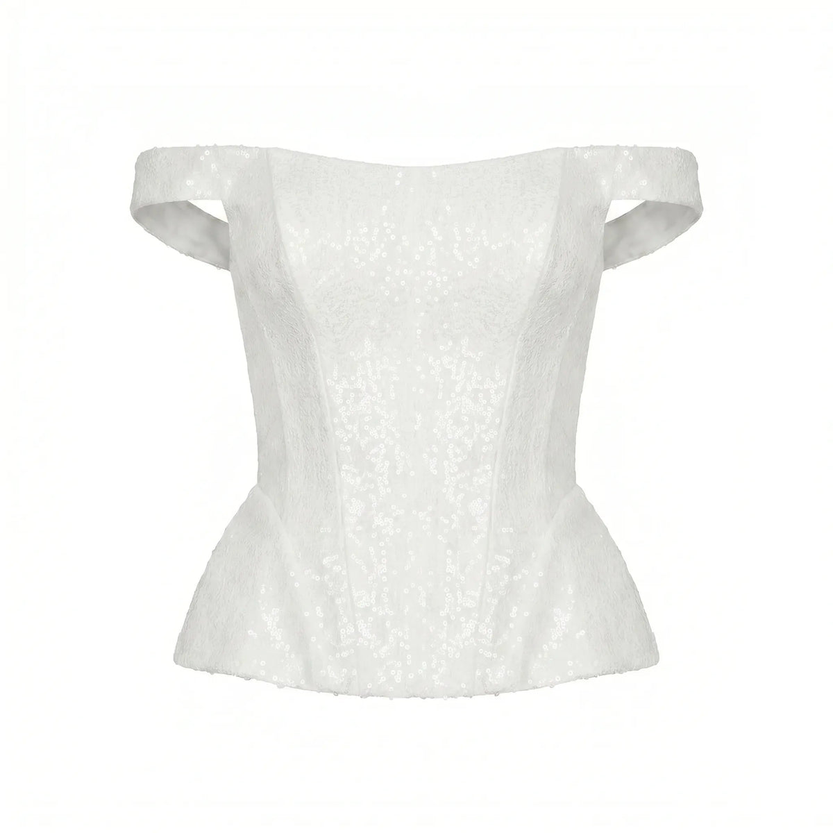 Wide-Strap Off-Shoulder Ivory Sequin Corset