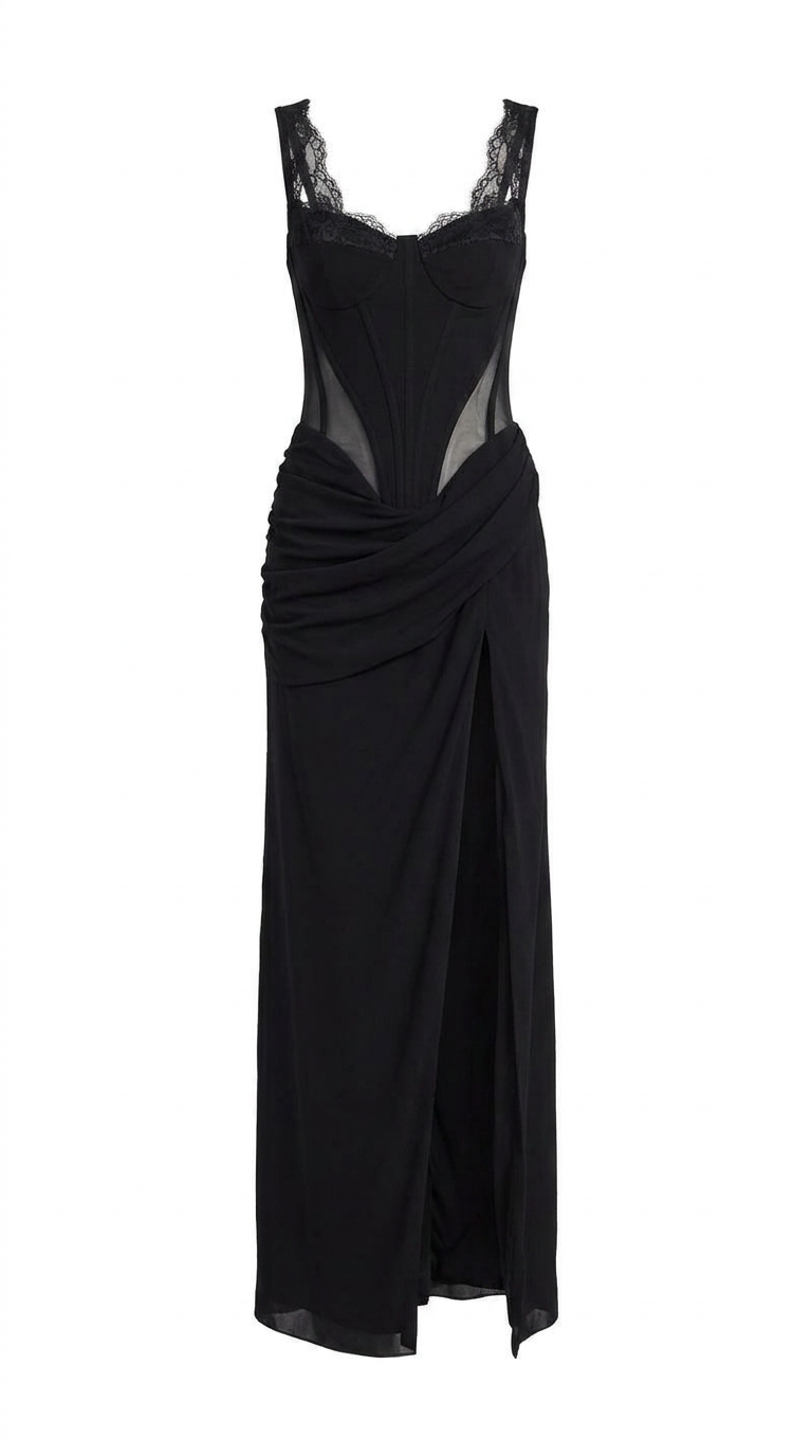 Deep Black Italian Mesh Refined Dress