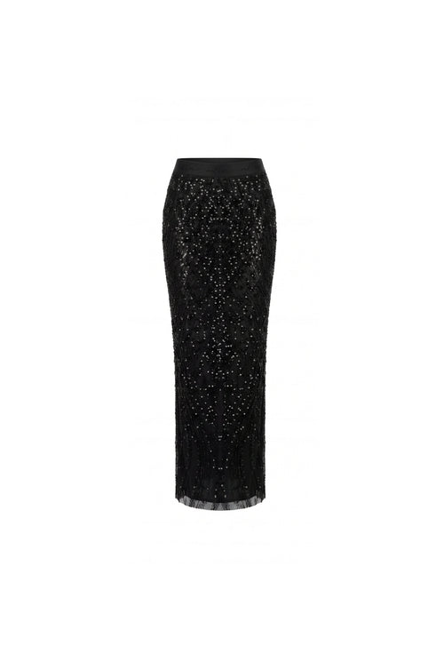 Black Sequin Lace Embroidered Maxi Skirt