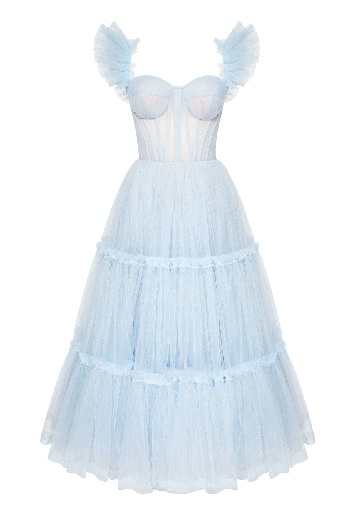 Light Blue Ruffled Tulle Midi Dress - Milla