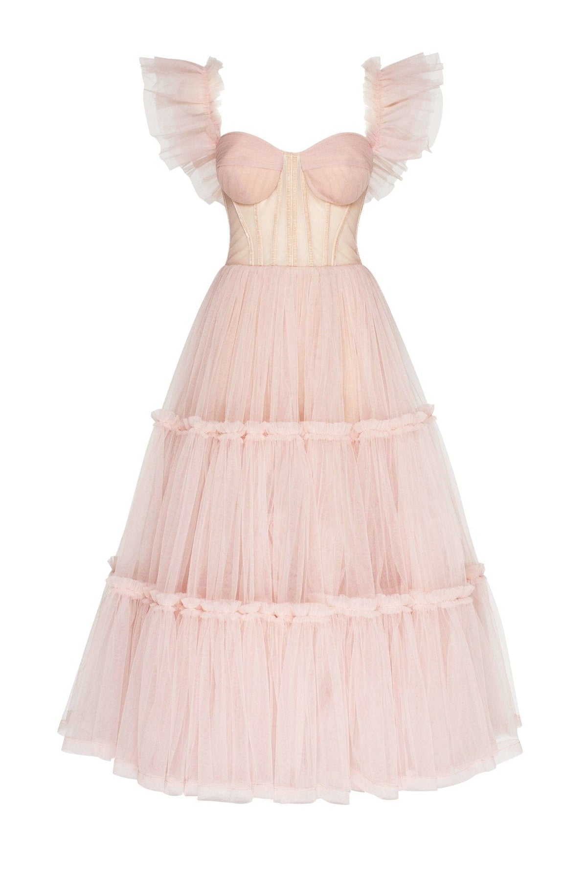 Misty Rose Ruffled Tulle Midi Dress - Milla